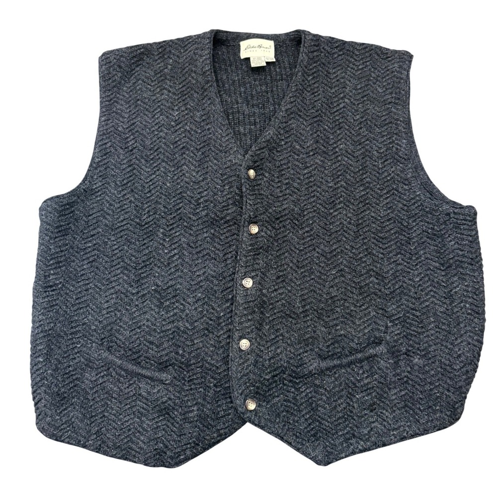 Eddie Bauer VTG Wool Herringbone Knit Sweater Vest Mens XL Charcoal Grey 90s